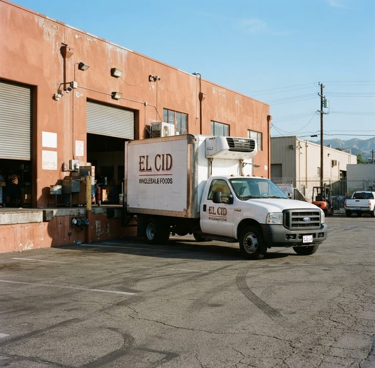 A clean white refrigerated box truck with El Cid branding parked outside a Burbank warehouse, bright natural morning daylight, warm terracotta accents, 35mm photography.