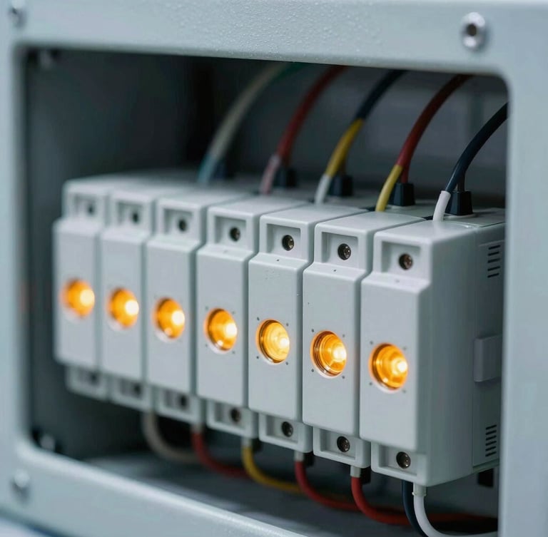 Macro shot of a clean industrial PLC control panel with neat wiring, amber indicator lights, cool laboratory lighting, shallow depth of field