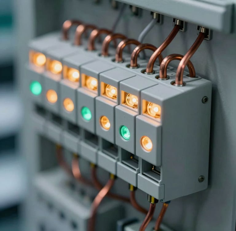 Extreme close-up macro shot of a clean industrial PLC control panel, neat copper terminal wiring, amber and green indicator lights glowing in a cool-toned laboratory, shallow depth of field.