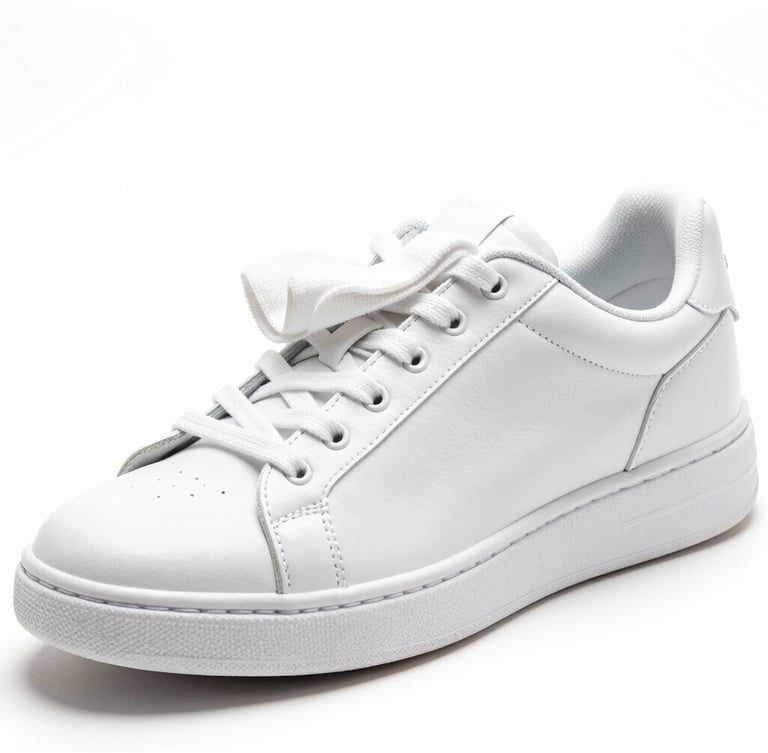 A portrait shot of a pristine white sneaker being gently wiped clean, showing a sharp contrast between a tiny scuffed area and a glowing clean surface, bright high-key studio lighting, white background.