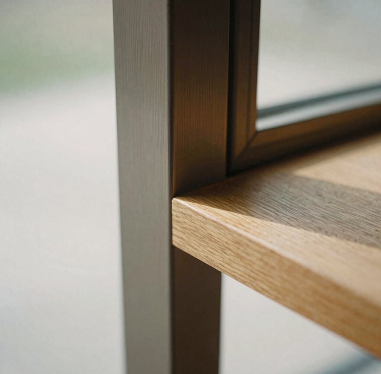 Macro photograph of a raw brushed bronze and oak wood join, soft directional morning light casting long shadows, medium format architectural film style.