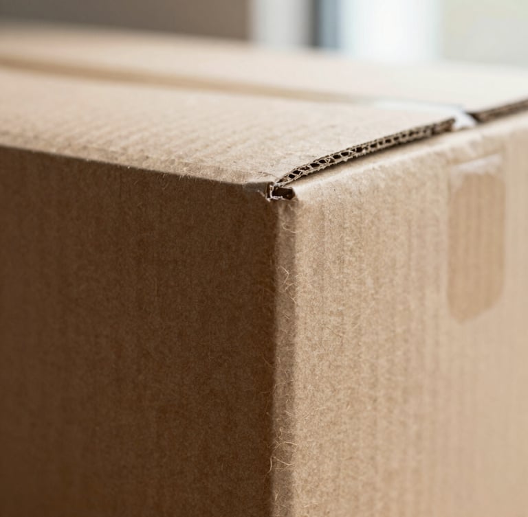 Tight macro shot of a custom debossed cardboard box corner, showing fiber texture and precise geometric fold, warm natural light, soft shadows