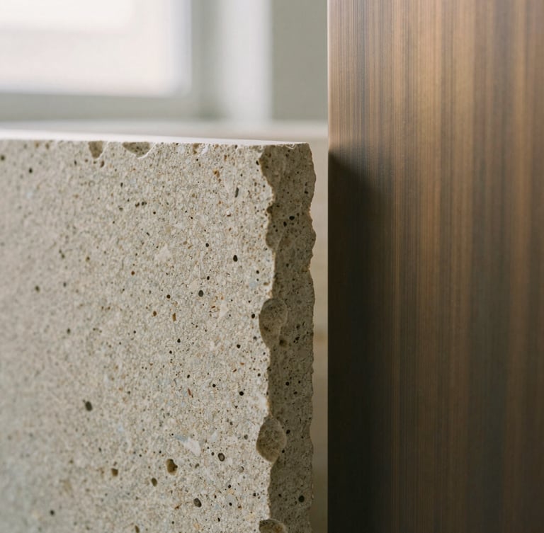 Macro photograph of raw travertine stone next to brushed bronze, showing texture and grain, soft side lighting