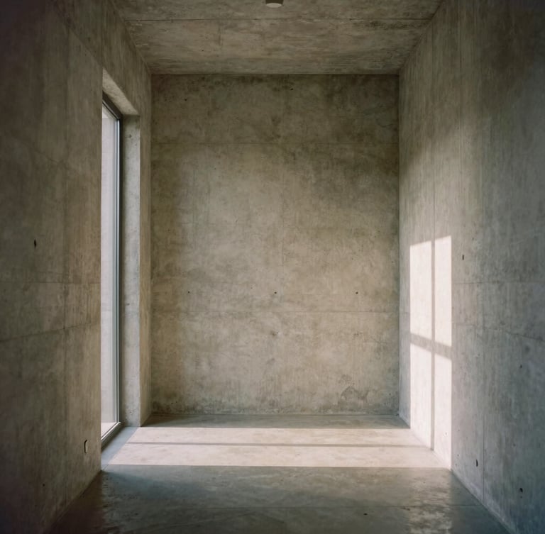 Architectural film photography of a minimalist concrete corridor, soft natural window light casting dramatic shadows, raw plaster texture, medium format 50mm lens.