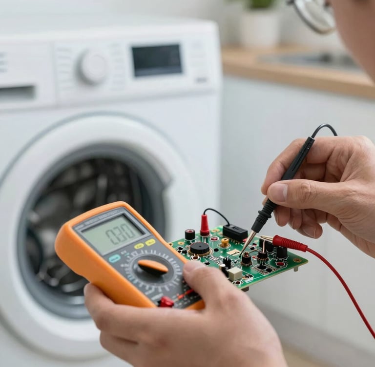 Macro close-up shot under focused cool technical light of a technician's hands using a digital multimeter to test a modern washing machine circuit board, clean minimalist kitchen background.