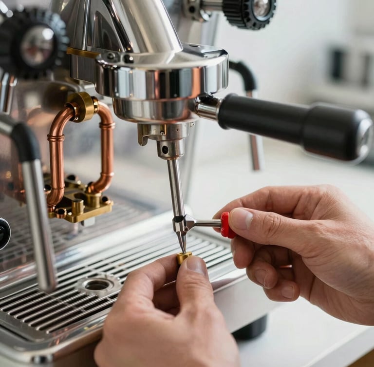 Macro close-up of a technician's hands using a professional metallic screwdriver to calibrate the internal copper pipes and brass boiler of a premium espresso machine on a clean, bright kitchen counter, cool technical lighting.
