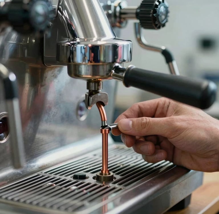 Macro close-up of a technician's hand using a precise metallic tool to adjust a copper pipe inside a premium espresso machine, clean organized workbench, focused cool-toned technical lighting.