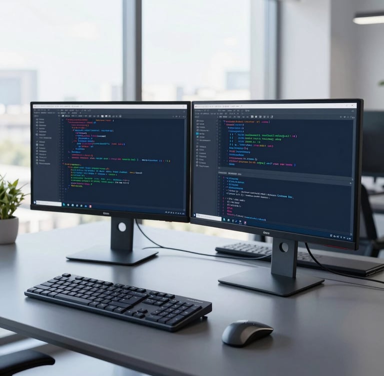 Sleek modern workstation with a dual-monitor setup displaying clean web design code and server metrics, bright natural office daylight, cool blue tones, sharp focus, 35mm