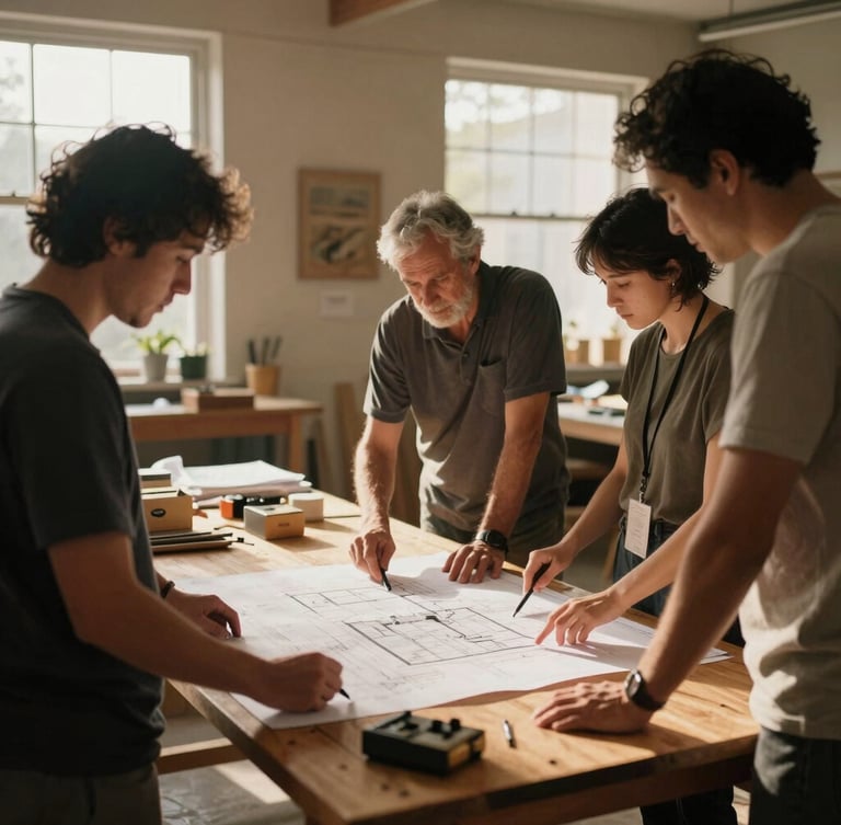 A medium shot of a local community workshop, warm natural daylight filtering through windows, community leaders collaborating over architectural blueprints on a wooden table, rich muted earth tones, 35mm film style.