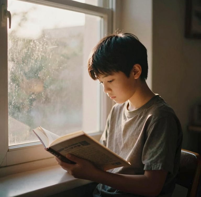 A warm environmental portrait of a young student reading by a large window with soft golden-hour light filtering in, rich muted earth tones, 35mm film style.