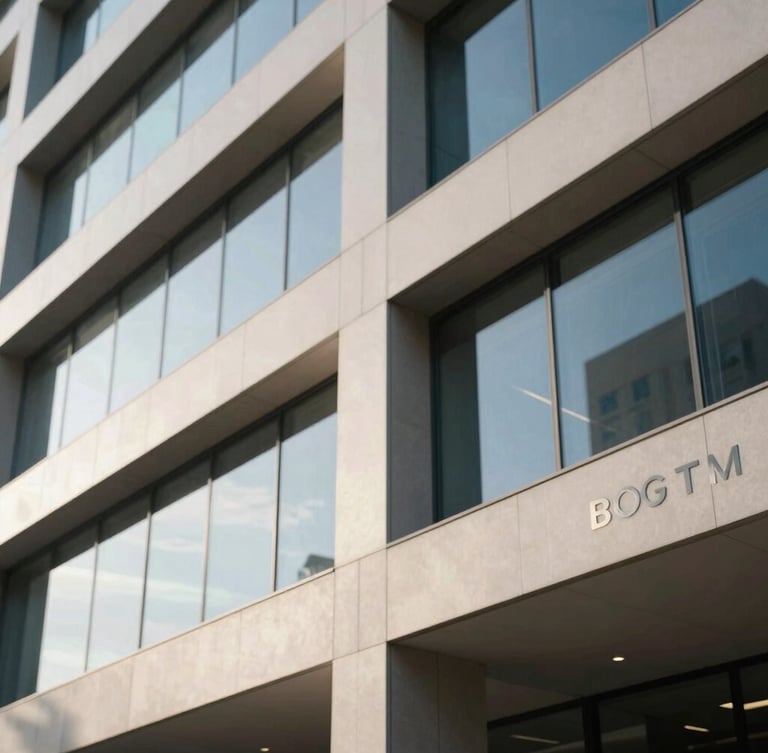 Architectural detail of a modern law office in Bogotá, clean lines, glass walls reflecting soft natural window light, professional atmosphere, 35mm