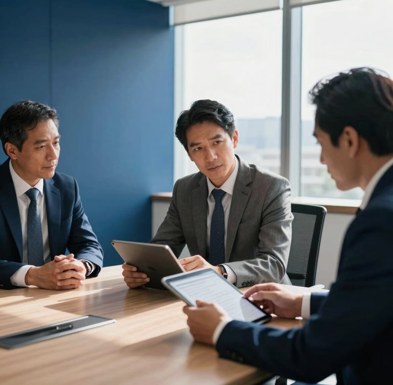 Modern sunlit Colombian corporate office boardroom, professional lawyers discussing digital documents on a tablet, bright natural window light, deep blue tones, 35mm