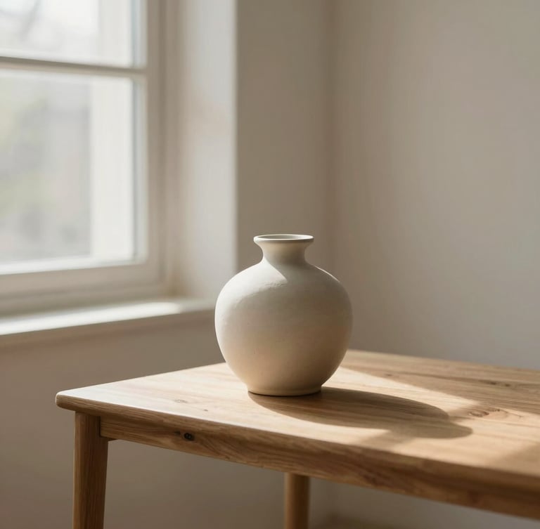 Sun-drenched minimalist living space with a ceramic vase on a wooden side table, soft morning light casting gentle shadows, warm neutral tones