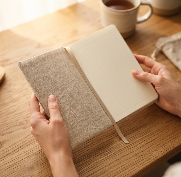 Close-up of hands holding a clean linen-covered planner on an oatmeal-toned wooden desk, soft morning window light, warm shadows, 35mm