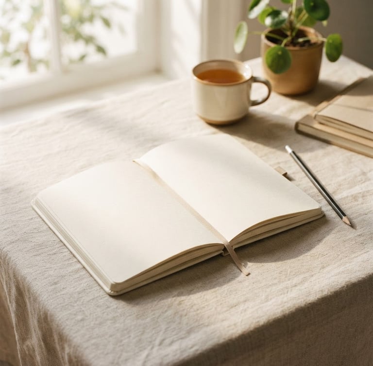 Warm editorial photography of a sun-drenched minimalist desk setup, a clean open paper planner resting on a light linen tablecloth, soft morning window light casting gentle shadows, 35mm.