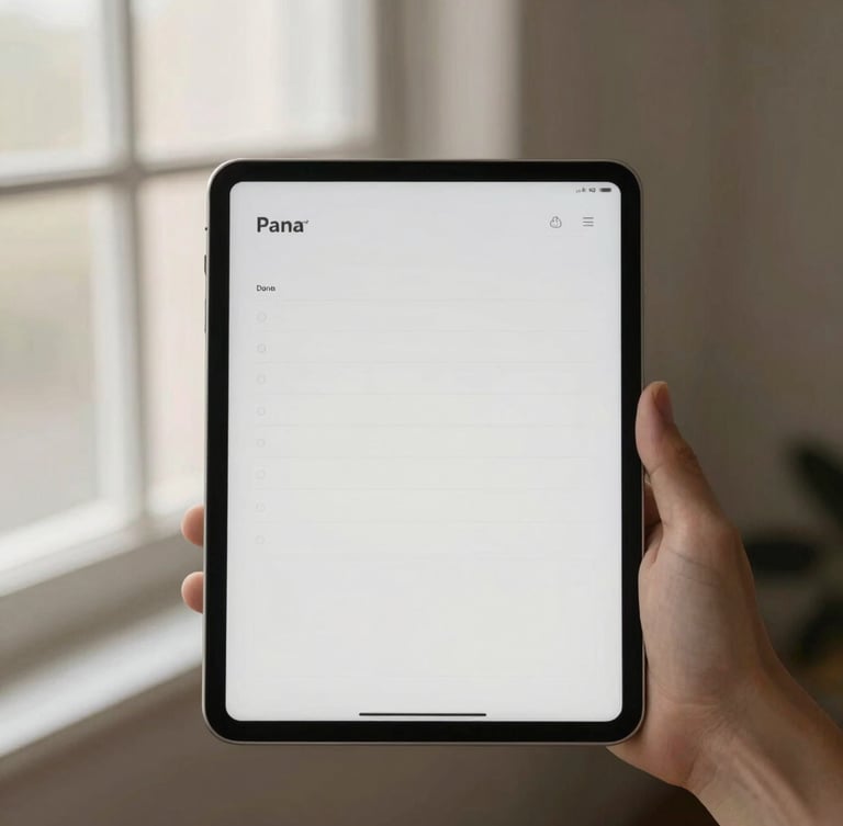 A hand holding a clean tablet displaying a minimalist planner page, soft morning window light, warm shadows
