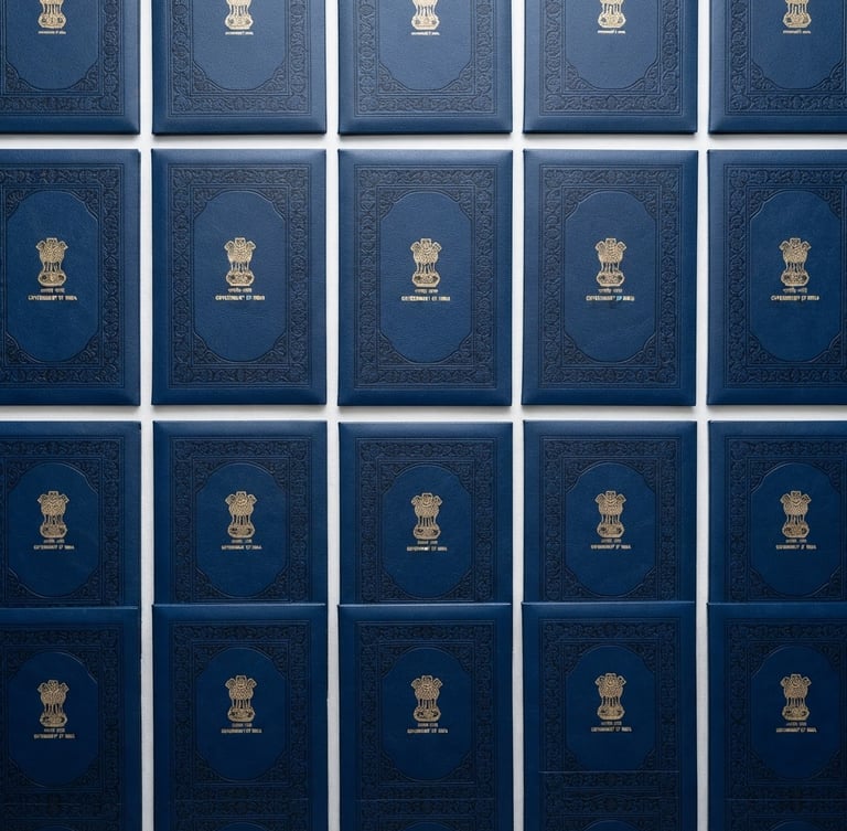 Flat-lay arrangement of official Indian certificate folders, high-contrast blue and white tones, bright even office lighting, sharp focus, 35mm