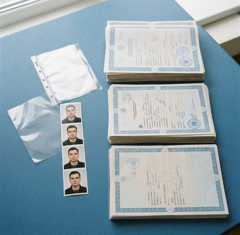 Flat-lay photography of neatly stacked official documents, high-resolution passport photos, and clear lamination sheets on a clean blue work surface, bright daylight, 35mm