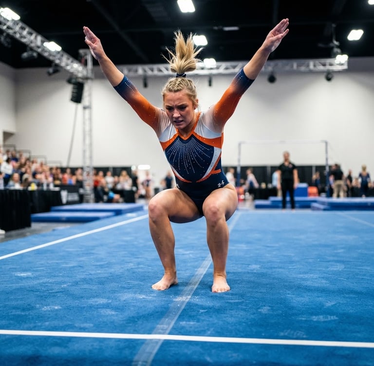 Dynamic low-angle shot of a tumbling athlete sticking a landing on a blue mat, bright high-contrast studio lighting, sharp focus