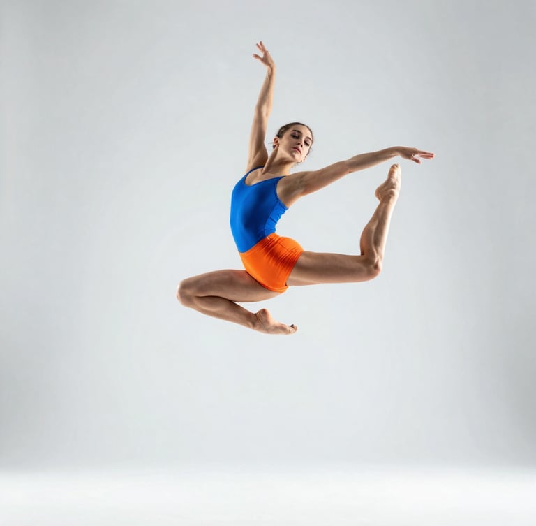 Dynamic low-angle shot of a dancer frozen mid-air in a sharp leap, bright high-contrast studio lighting, vibrant blue and orange accents, sharp focus, 35mm lens