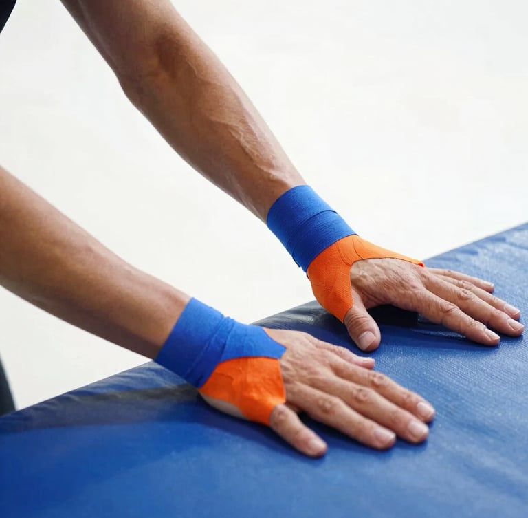 Close-up of athletic tape on a dancer's hands gripping a tumbling mat, dramatic side lighting emphasizing muscle definition, sharp focus