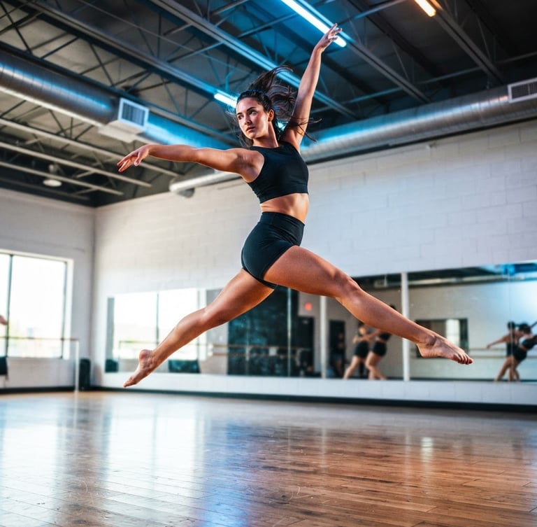 Low-angle dynamic action shot of a dancer mid-air in a bright Nampa studio, sharp focus, high-contrast studio lighting with electric blue accents