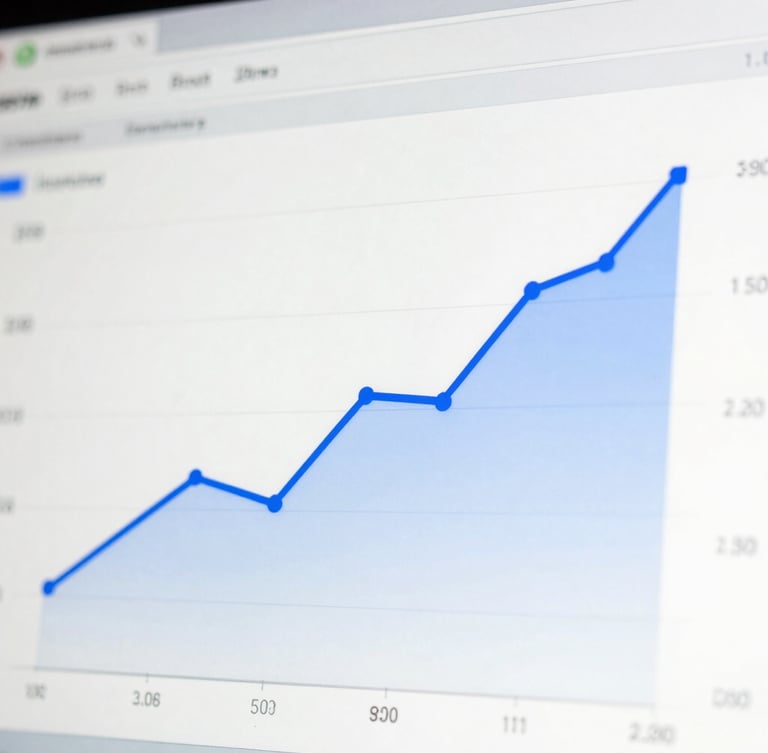 Tight macro shot of a performance marketing dashboard showing positive growth curves in cobalt blue, bright natural side-light, clean editorial, 35mm