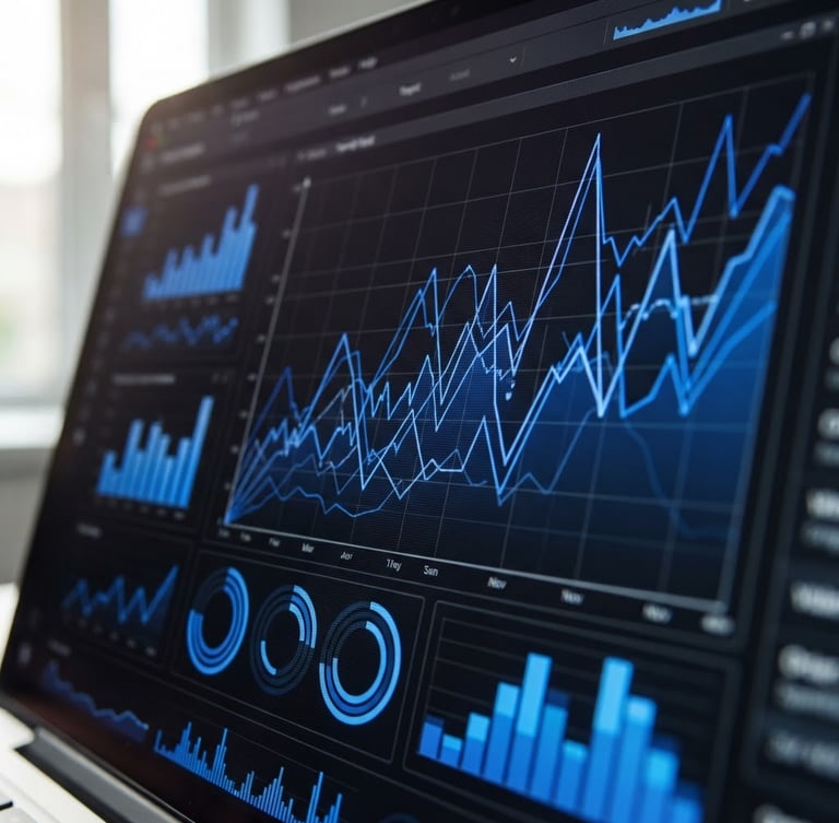 Macro shot of a high-contrast digital analytics dashboard with sharp electric cobalt blue line graphs, bright natural side-lighting, 35mm photography
