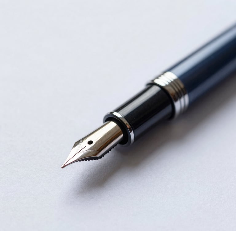 Close-up of a fountain pen resting on a finely textured financial document, soft office light, deep navy and slate tones, sharp focus, conveying precision and detail.