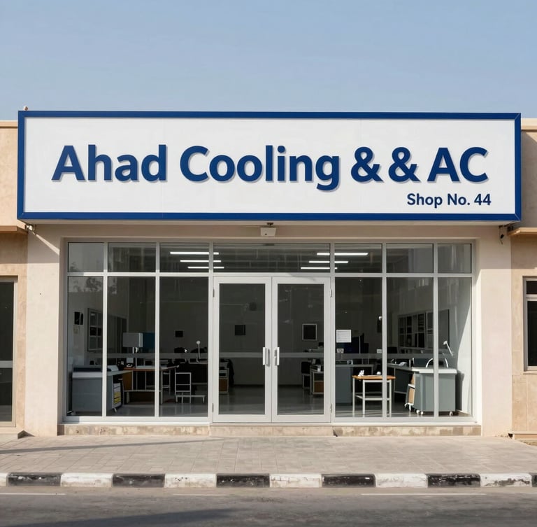 Wide environmental shot of Ahmad Cooling & AC storefront, labeled Shop No. 44 on Haffr Al Baten Street in Dammam, intense bright daylight, clean industrial workshop signage.