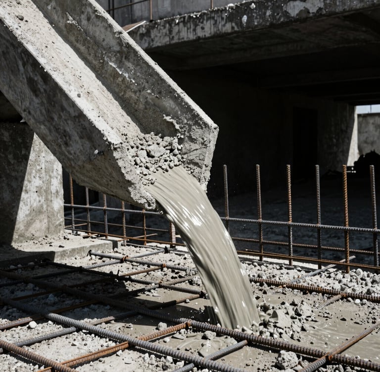 Low-angle heroic shot of wet concrete pouring from a chute onto reinforced steel rebar, high-contrast midday sunlight, deep shadows, gritty industrial texture, 35mm.