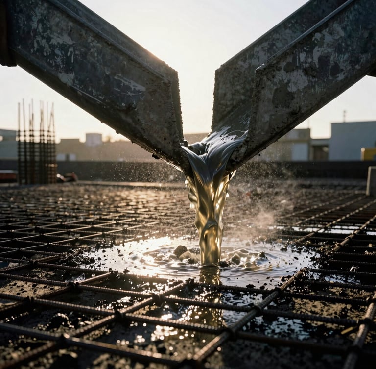 Low-angle heroic shot of wet concrete pouring from a chute into a reinforced steel grid, dramatic early morning golden hour light, dust particles visible, high-contrast 35mm photography.