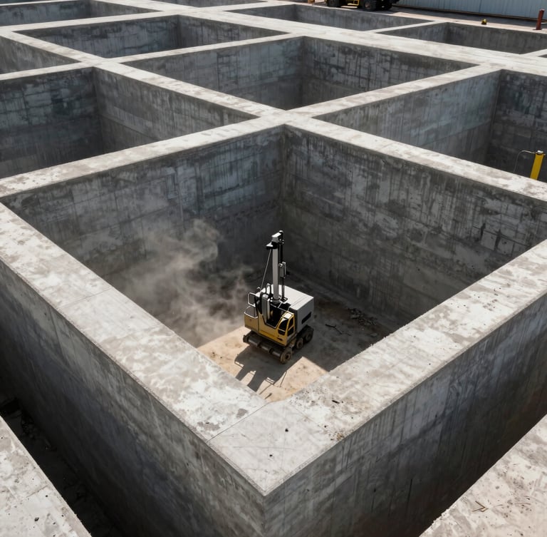 Wide-angle shot of a massive commercial concrete foundation being leveled with machinery, harsh midday sun, dust in the air, deep industrial shadows.