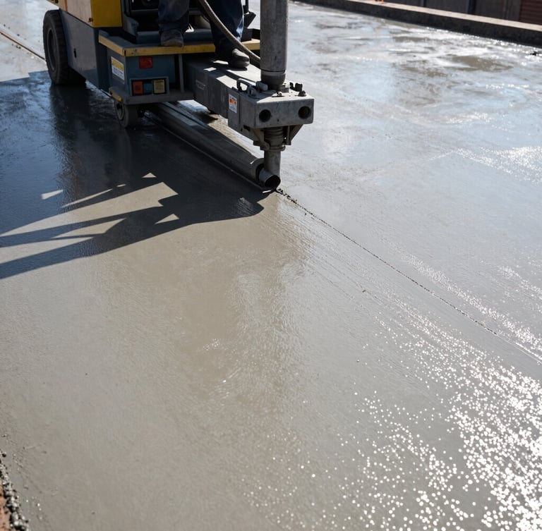 Low-angle heroic shot of a laser-screed machine leveling wet concrete on a massive industrial slab, harsh midday sun casting deep shadows, 35mm.