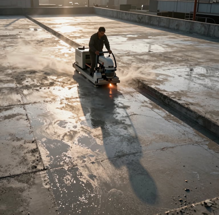 Wide-angle industrial shot of a worker operating a laser-screed machine on a massive wet concrete slab, dust particles caught in dramatic early morning golden hour light, 35mm.