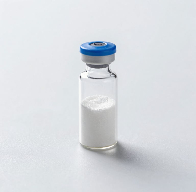 Clinical product photography, bright high-key studio lighting, a single sterile glass vial containing white lyophilized powder on a clean slate gray surface, sharp focus, macro lens.