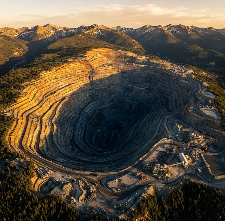 Dramatic high-altitude aerial photography of a massive open-pit mine in Colorado at golden hour, deep shadows casting over terraced terrain, sharp architectural detail, 35mm