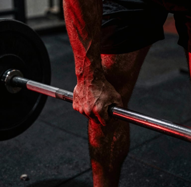 Close-up of a hand gripping a heavily knurled steel barbell in a dark, gritty warehouse gym, intense red rim light highlighting muscle definition, deep shadows, dramatic 35mm photography