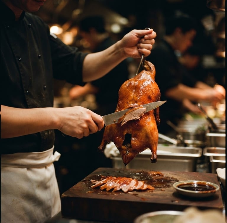 Close-up of a glistening Peking duck being carefully sliced by a chef, warm ambient kitchen lighting, dark moody background, shallow depth of field
