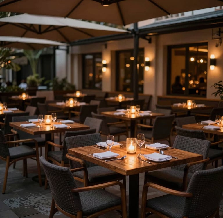 Wide environmental shot of a cozy heated outdoor restaurant terrace at dusk, soft warm golden lighting, elegant wooden tables, inviting atmosphere, 35mm