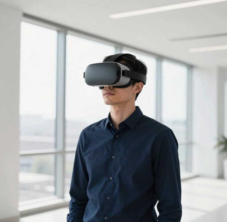 premium corporate technology photography, a professional in a clean architectural space wearing a sleek VR headset, soft daylight pouring through large windows, shallow depth of field, 50mm