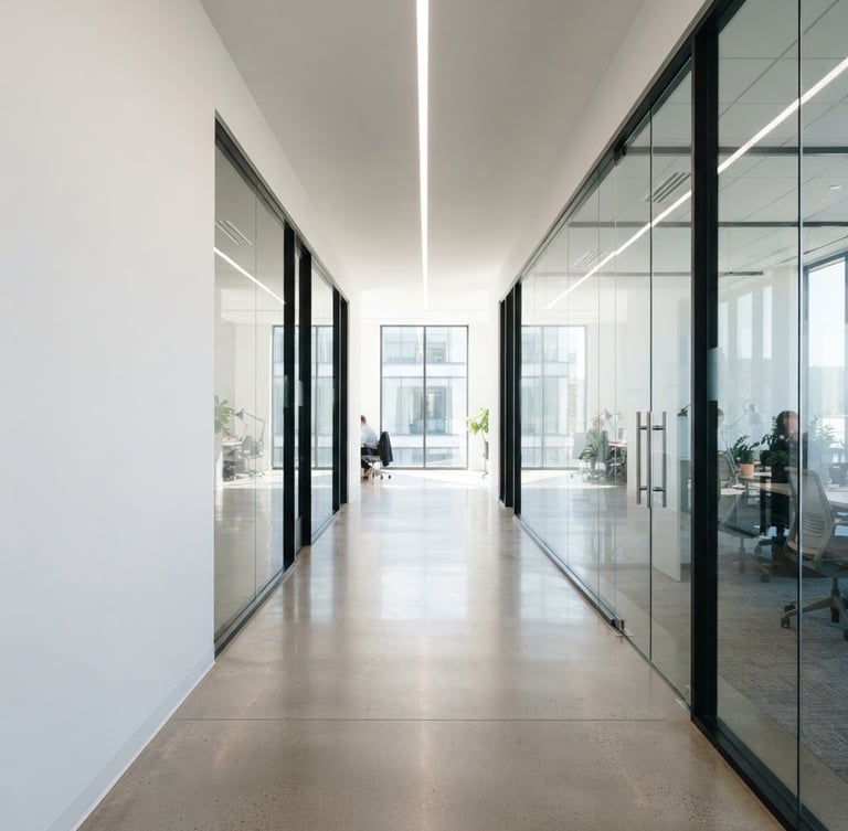 Bright, sunlit modern office corridor, clean architectural lines, minimalist design, pristine glass partitions, natural daylight, sharp focus, 35mm