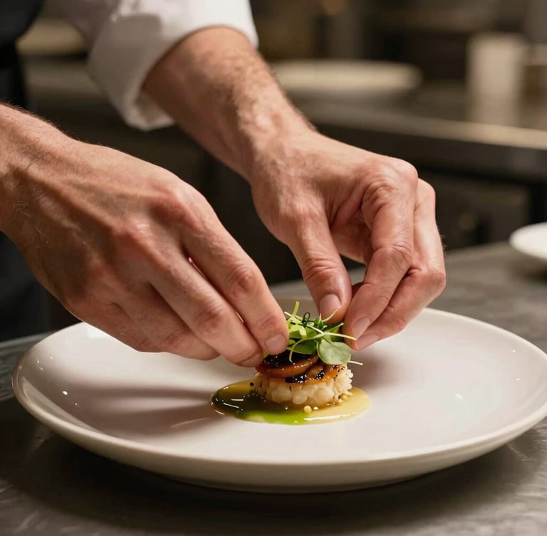 Close-up of hands placing a delicate garnish on a modern plate at the pass, warm side-lighting, Scandinavian restaurant kitchen background.