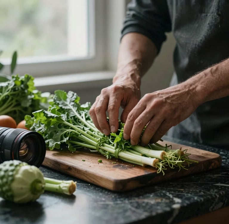 Close-up of hands prepping fresh seasonal vegetables on a dark marble counter, soft window light, moody atmosphere, rich green tones