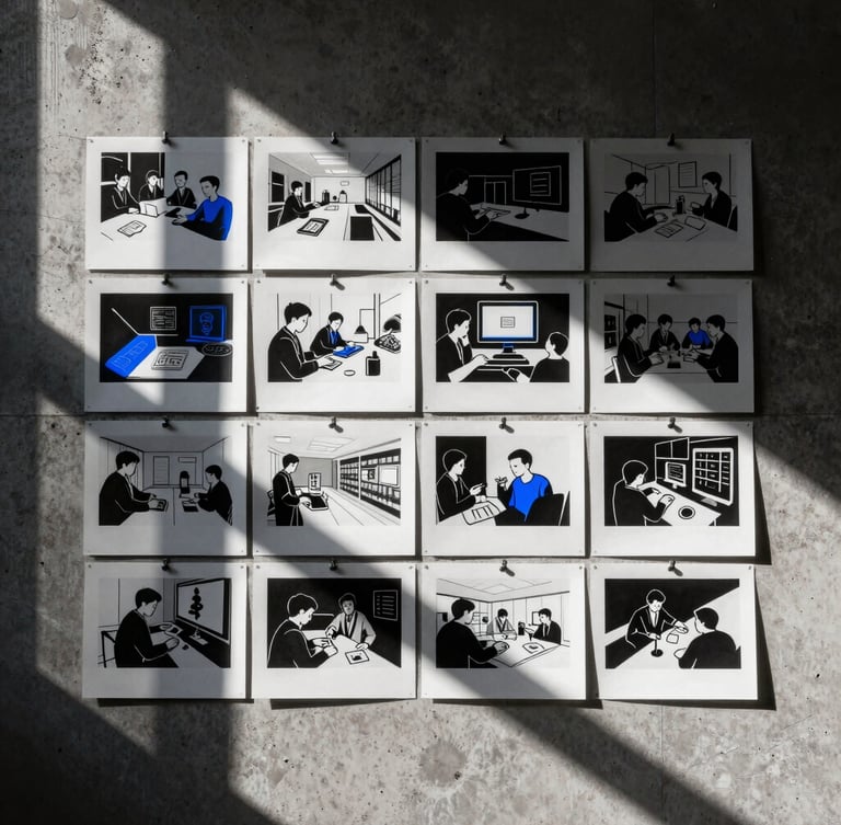 Tactile creative work in progress, storyboards pinned to a concrete wall, dramatic direct sunlight, high-contrast 35mm photography