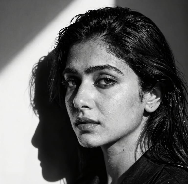 High-contrast editorial portrait of Shilpa Das in direct sunlight, deep shadows, stark monochrome photography, 35mm