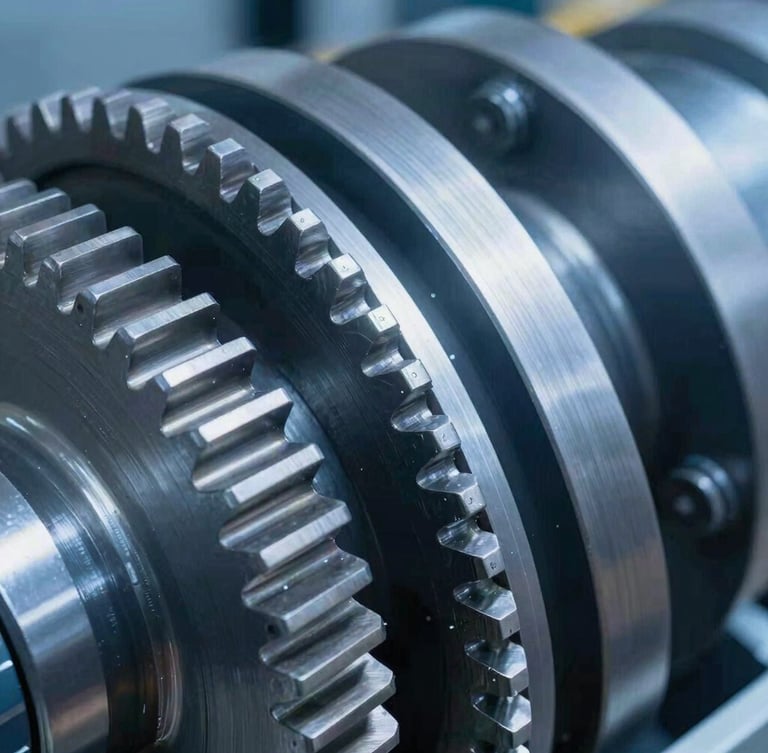 Close-up macro shot of clean, high-precision elevator traction machine gears, steel textures with cool daylight highlights