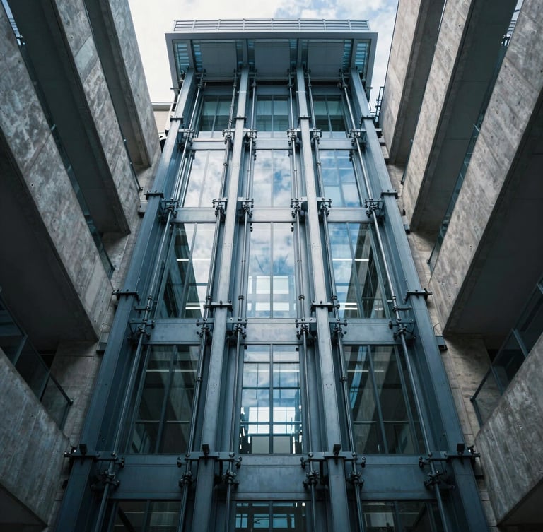 Symmetrical low-angle photograph of a modern glass elevator shaft rising through a concrete and steel atrium, sharp daylight filtering from above