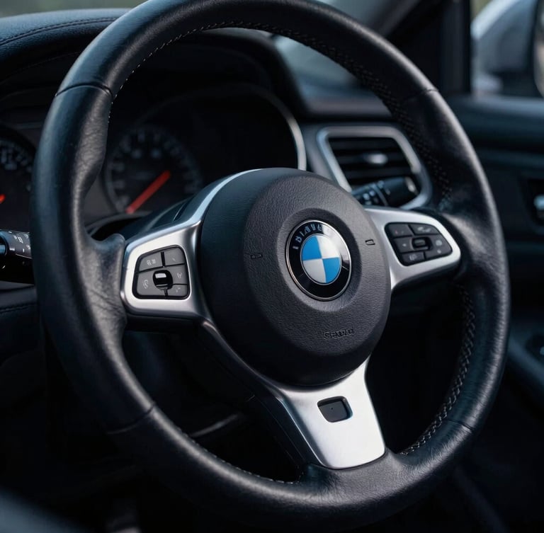 Moody close-up of a pristine leather steering wheel with silver stitching, dramatic low-key lighting, deep navy shadows, 35mm lens