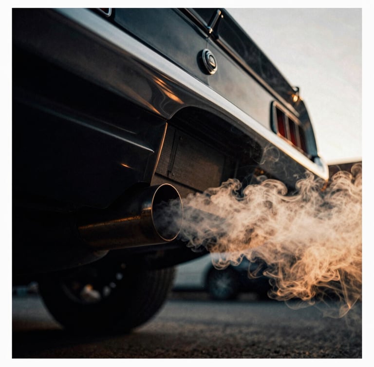 Tight macro analog film shot of a vintage muscle car exhaust pipe emitting thick smoke at golden hour, low-angle, heavy grain, deep black shadows.